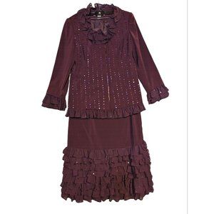 DONNA VINCI Maroon Sequin Ruffle Polyester Skirt Suit Size 10